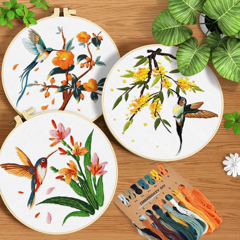 ERKOON 3 Sets Embroidery Kit, Hummingbird Cross Stitch Set for Include Embroidery Cloth Hoops Threads for Craft Lover Hand Stitch (Hummingbird) - Image 2